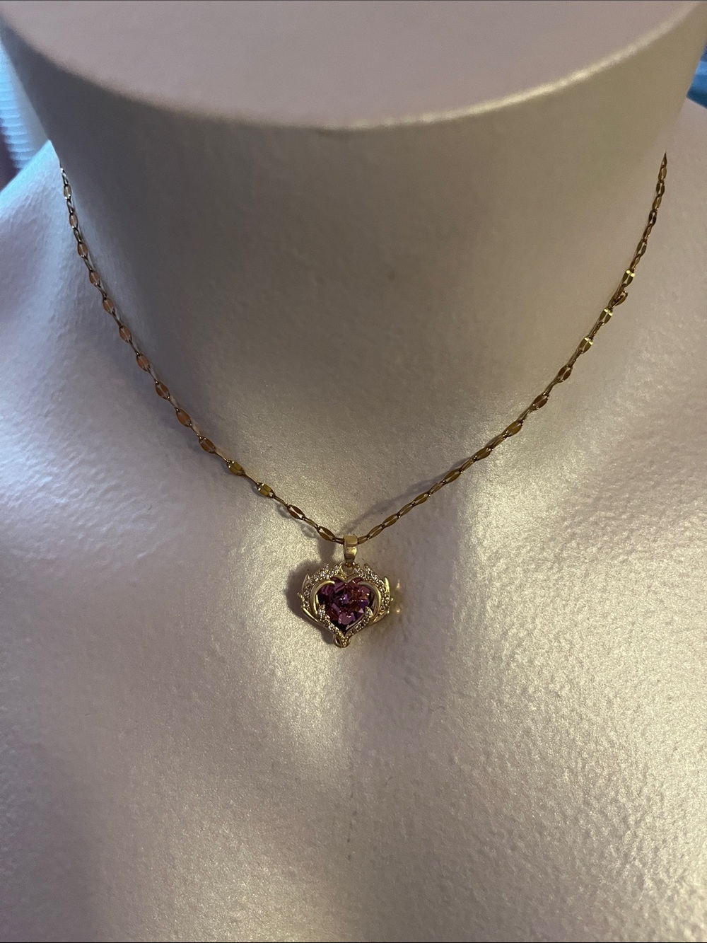 Gold Heart Pendant Necklace with Pink Stone